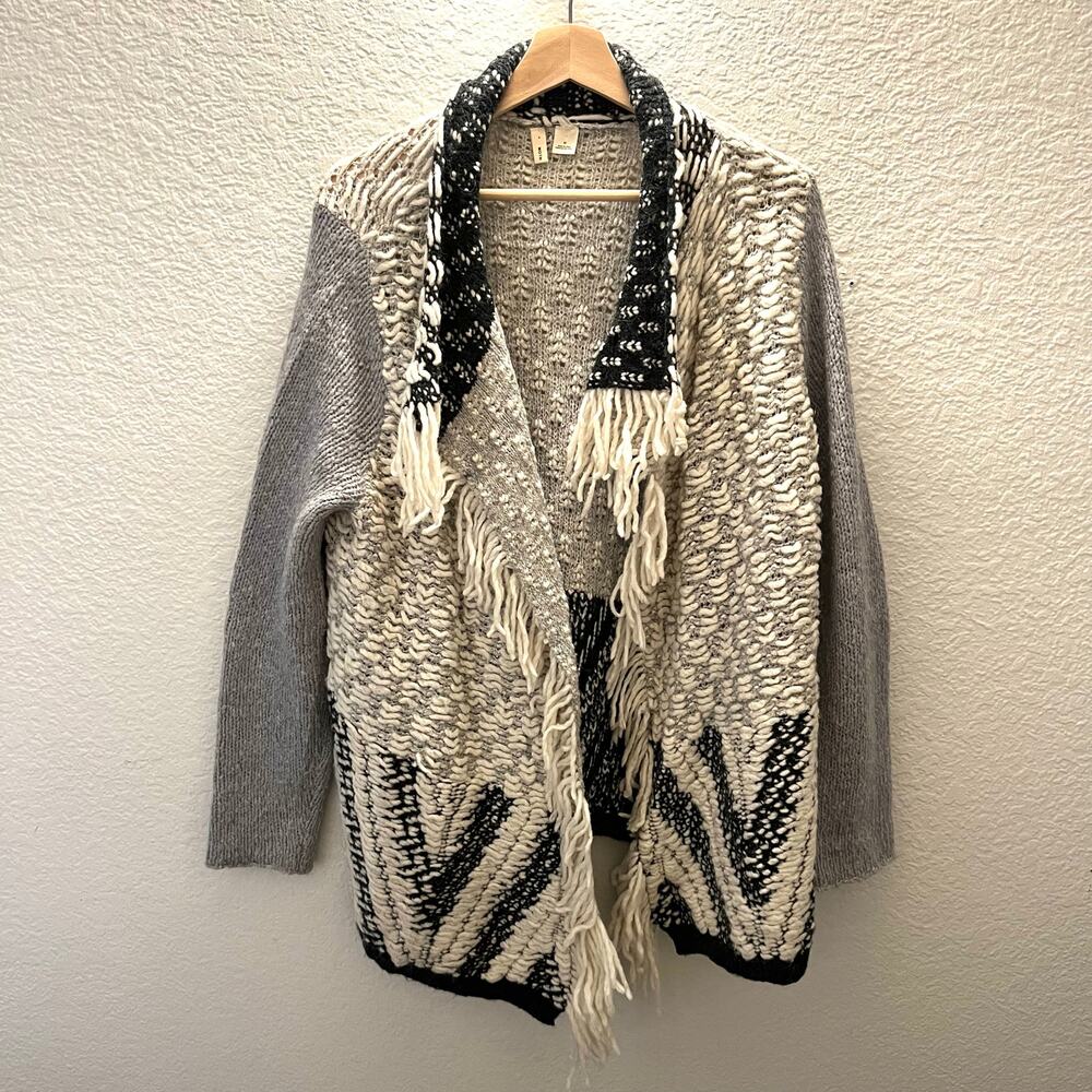 Anthropologie Moth Amba Fringe Open Front Sweater Cardigan Boho M Wool Alpaca - Picture 3 of 8